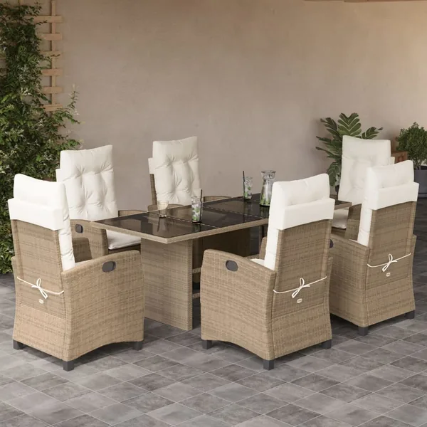 Ensemble à manger de jardin et coussins 7 pcs beige poly rotin