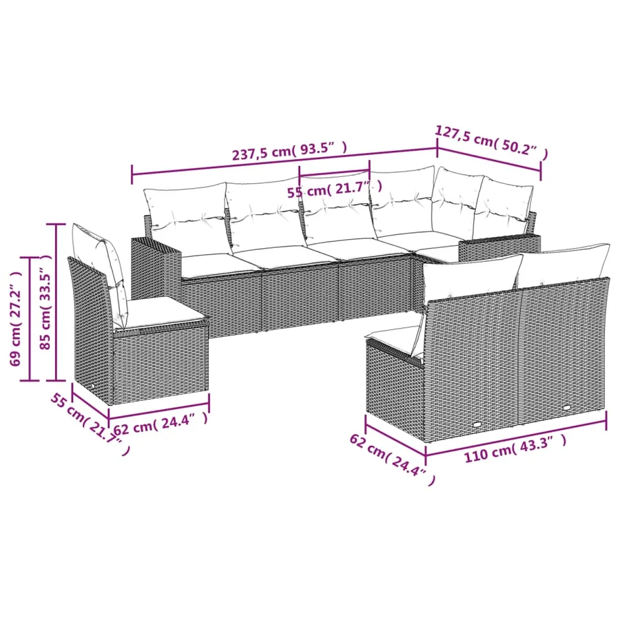 Salon de jardin 8 pcs avec coussins marron résine tressée - 3