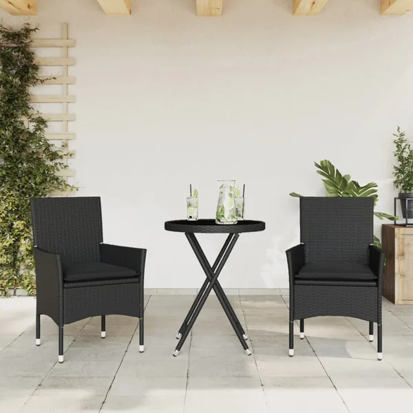 Ensemble de bistro avec coussins 3pcs noir résine tressée verre