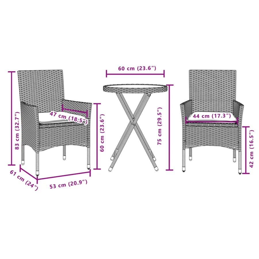 Ensemble de bistro avec coussins 3pcs noir résine tressée verre - 7
