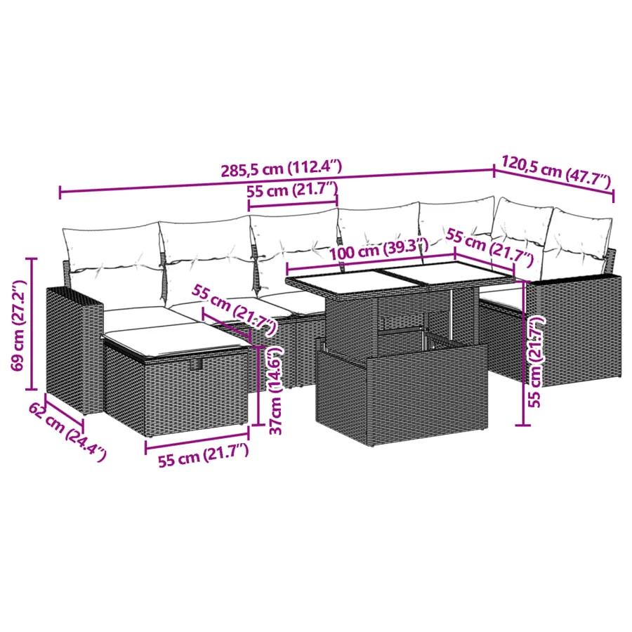 Salon de jardin 8 pcs avec coussins noir résine tressée - 13