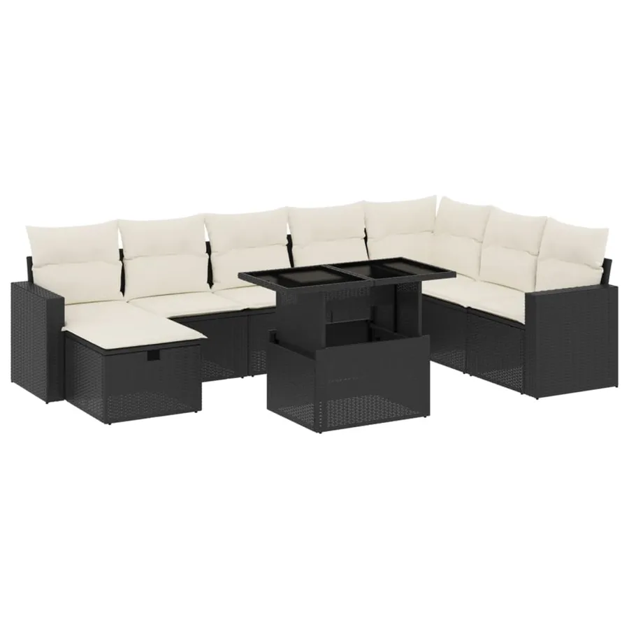 Salon de jardin 9 pcs avec coussins noir résine tressée - 2