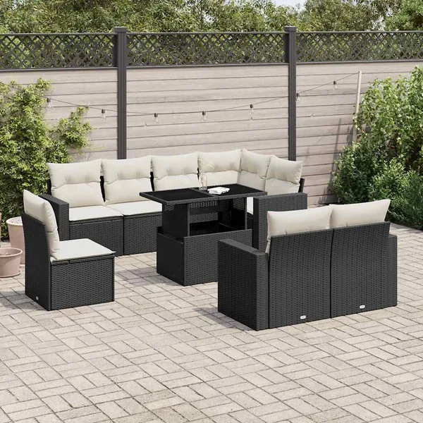 Salon de jardin 9 pcs avec coussins noir résine tressée