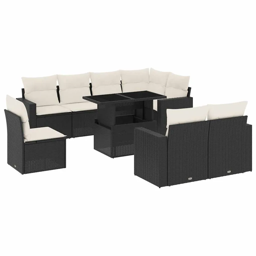 Salon de jardin 9 pcs avec coussins noir résine tressée - 2