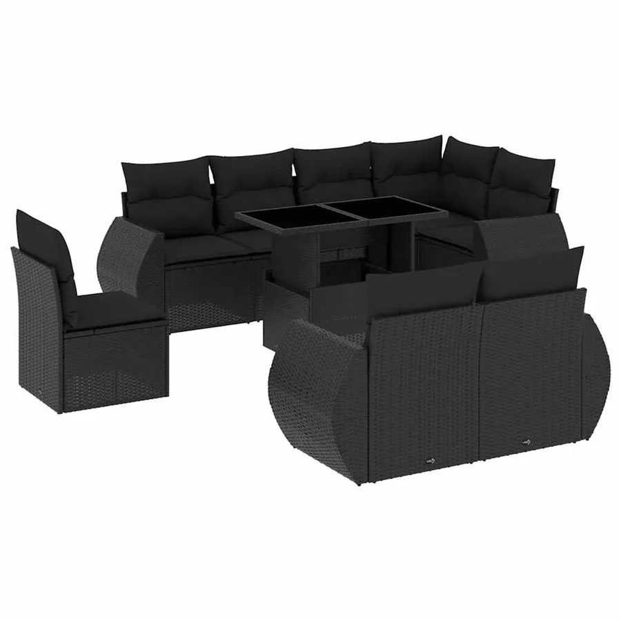 Salon de jardin 9 pcs avec coussins noir résine tressée - 2