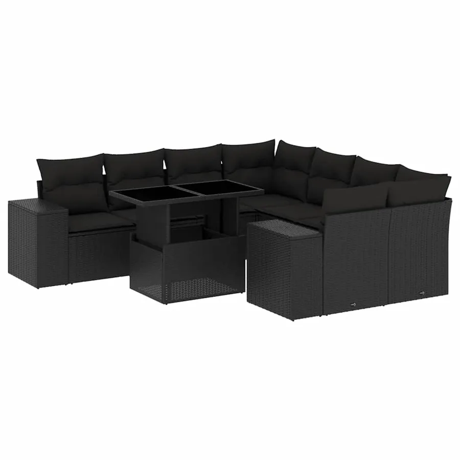 Salon de jardin 9 pcs avec coussins noir résine tressée - 2