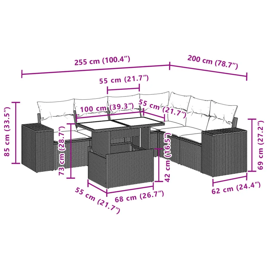 Salon de jardin 7 pcs avec coussins noir résine tressée 62 x 62 x 69 cm - 66,4 kg - 10
