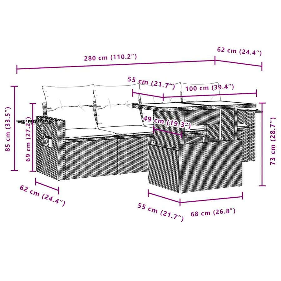 Salon de jardin 7 pcs avec coussins noir résine tressée 62 x 62 x 69 cm - 67,7 kg - 11