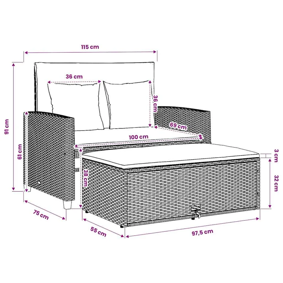 Canapé de jardin avec coussins 2 places beige résine tressée - 11