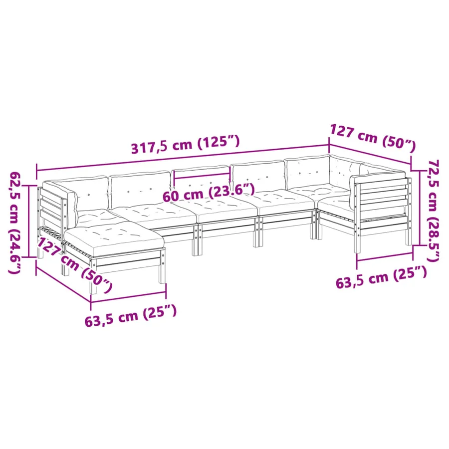 Salon de jardin 7 pcs avec coussins cire marron bois pin massif - 12