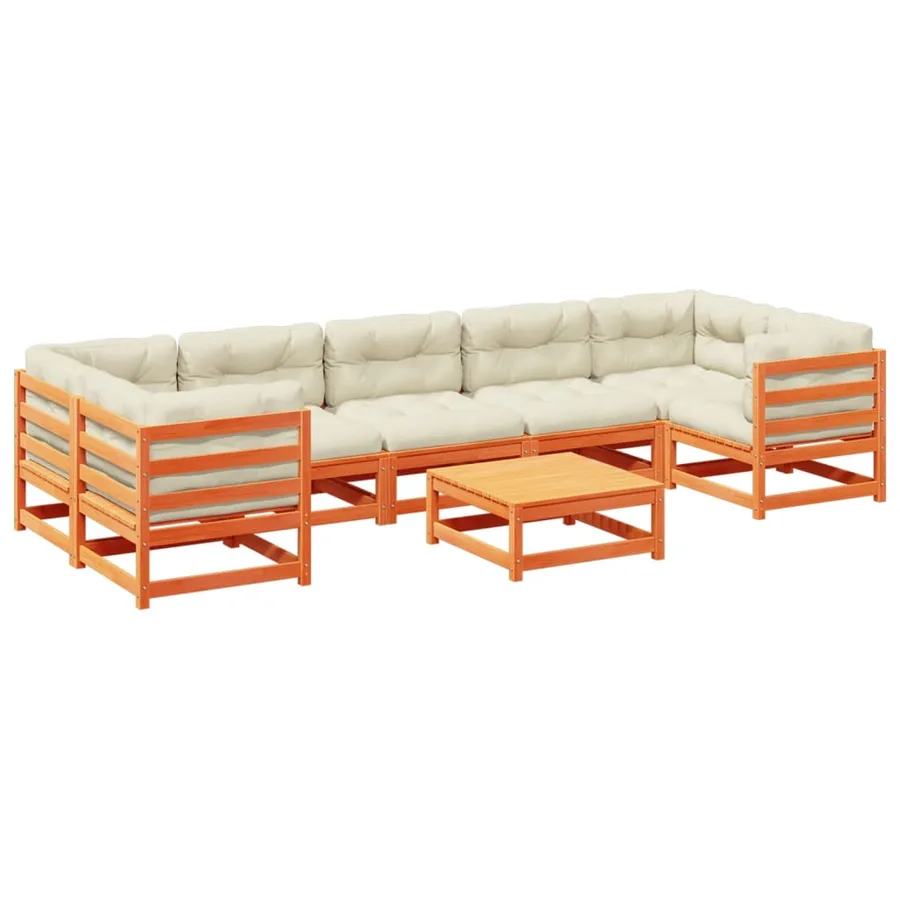 Salon de jardin 8 pcs avec coussins marron cire bois pin massif - 2