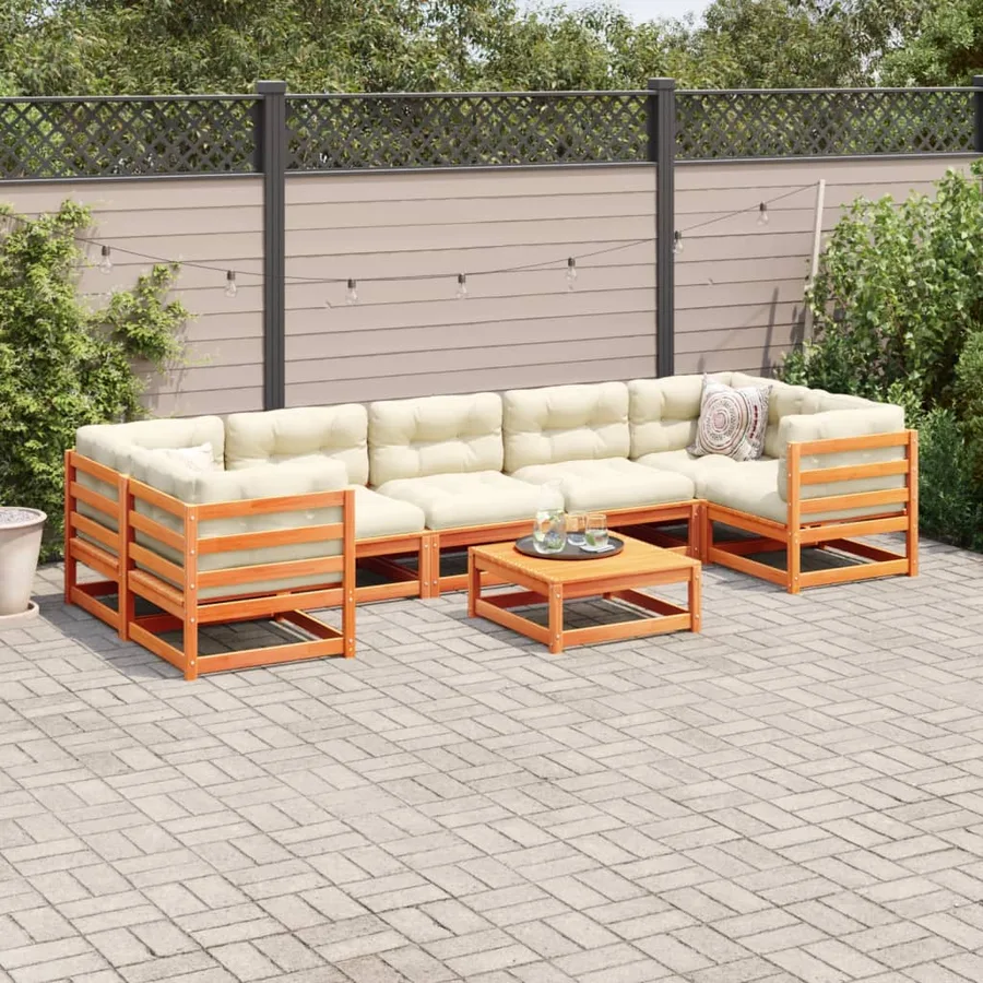 Salon de jardin 8 pcs avec coussins marron cire bois pin massif - 3