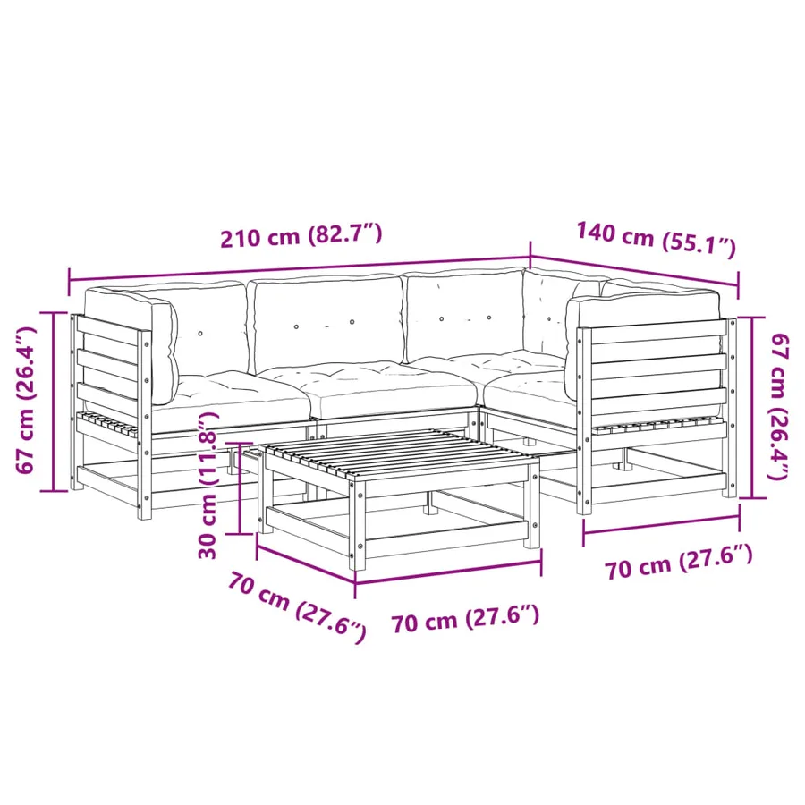 Salon de jardin 5 pcs avec coussins cire marron bois pin massif - 12