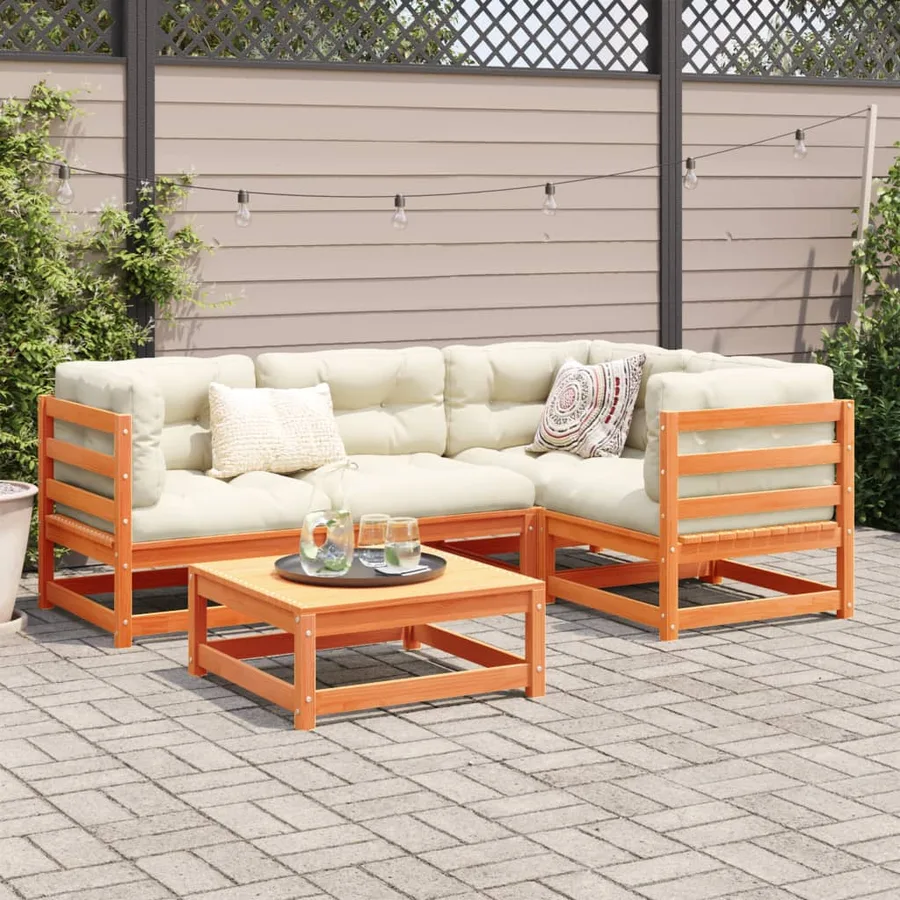 Salon de jardin 5 pcs avec coussins cire marron bois pin massif - 3