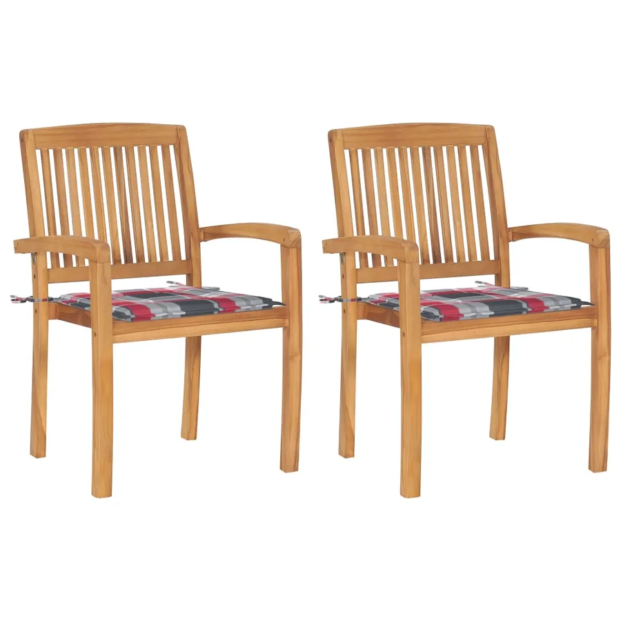 Chaises de jardin lot de 2 avec coussins à carreaux rouges Teck