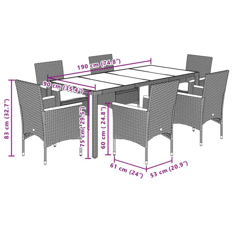 Ensemble à manger de jardin et coussins 7pcs noir rotin acacia - 7