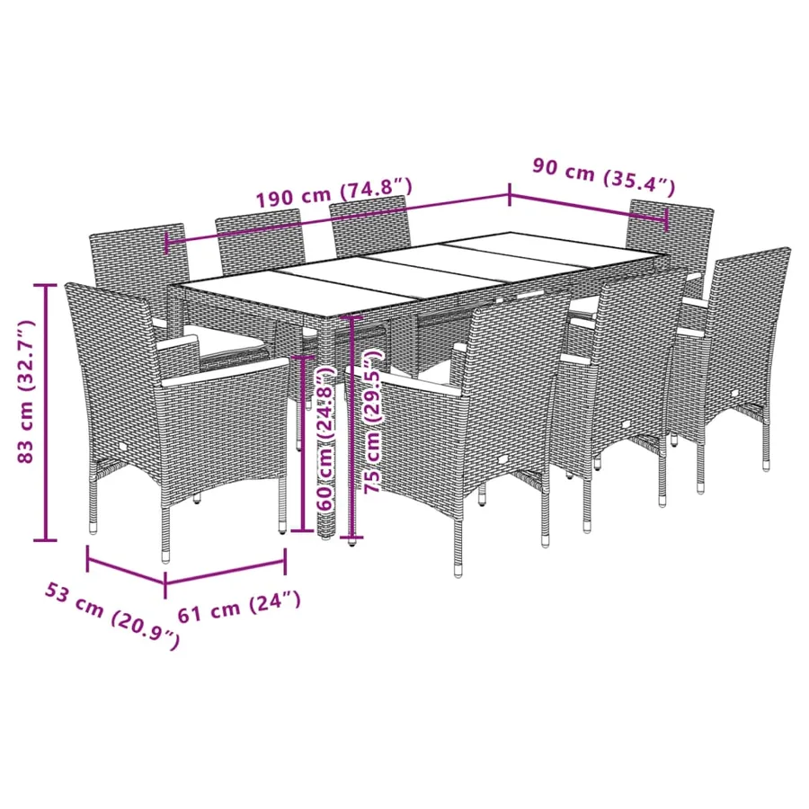 Ensemble à manger de jardin et coussins 9 pcs noir rotin verre - 7