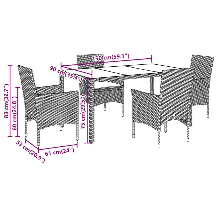 Ensemble à manger de jardin et coussins 5 pcs beige rotin verre - 7