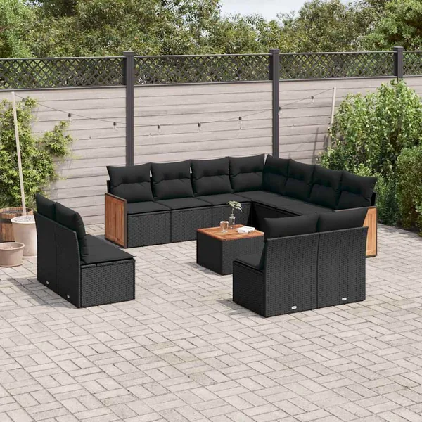 Salon de jardin 12 pcs avec coussins noir résine tressée