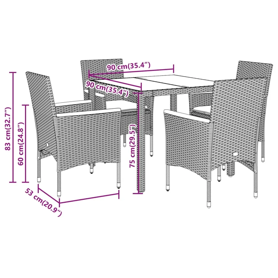 Ensemble à manger de jardin et coussins 5 pcs noir rotin verre - 7