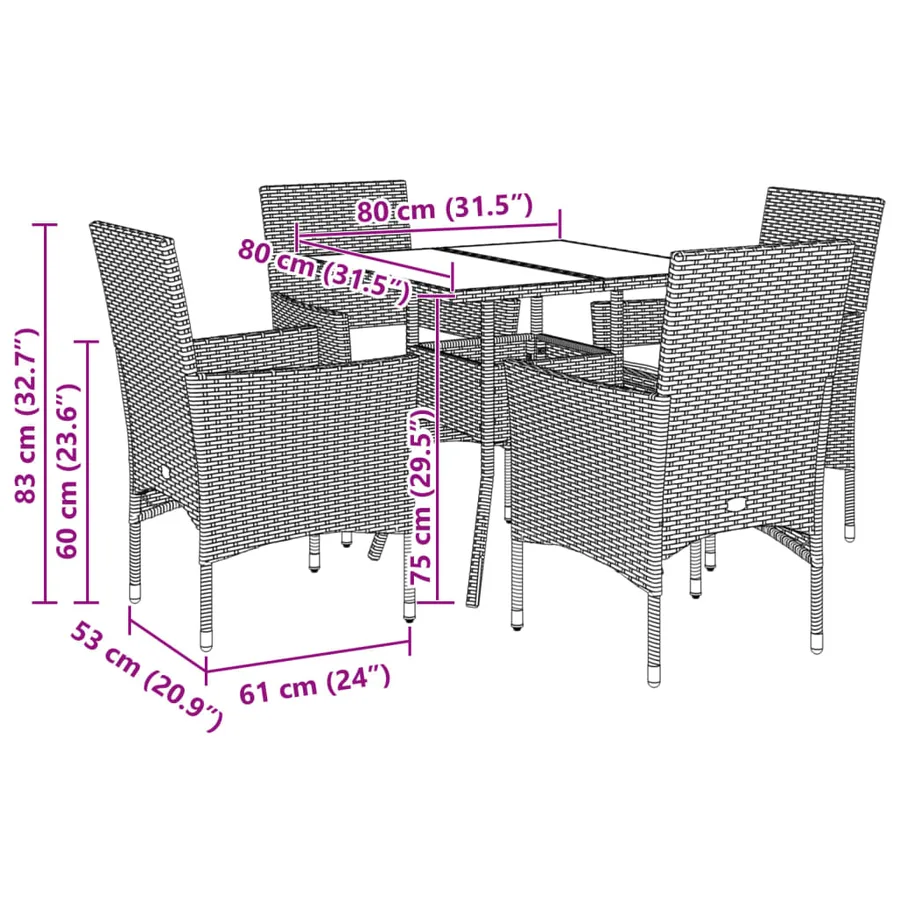 Ensemble à manger de jardin et coussins 5pcs marron rotin verre - 7