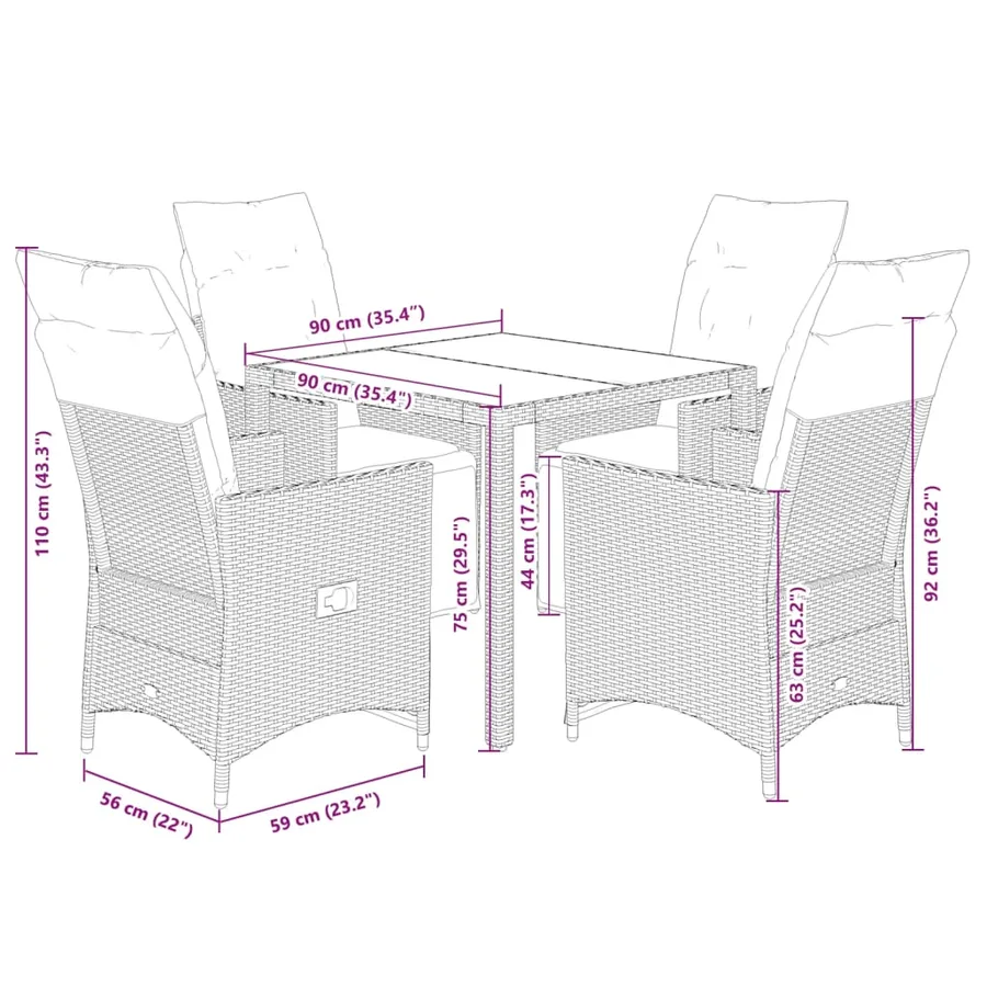 Ensemble à manger de jardin coussins 5pcs Noir Résine tressée - 7