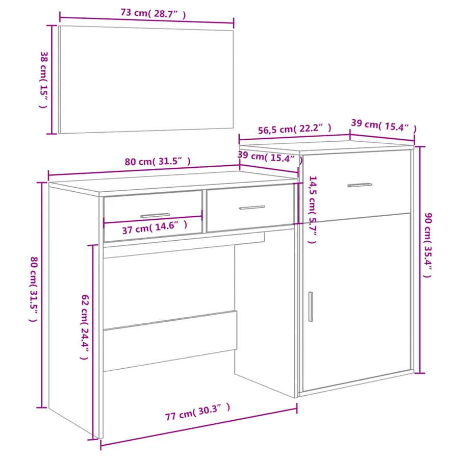Ensemble de coiffeuse 3 pcs blanc bois d'ingénierie - 11