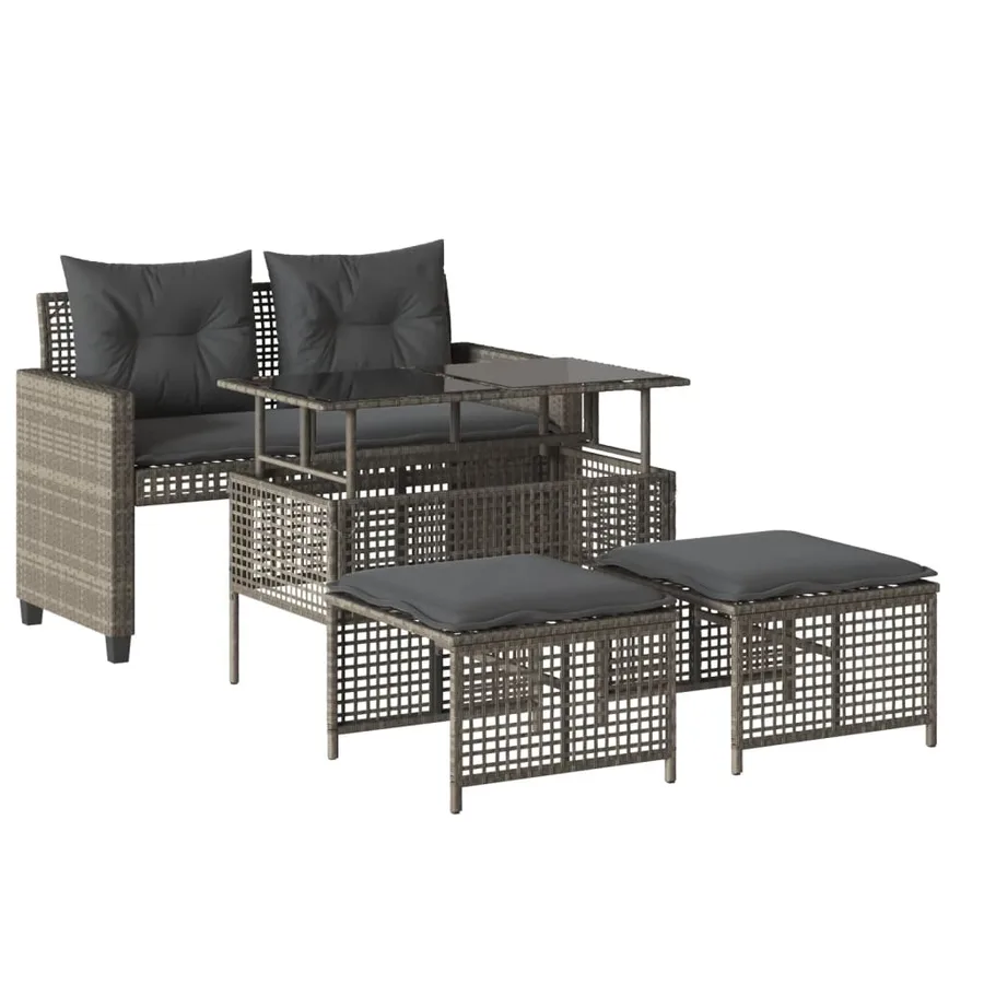 Salon de jardin avec coussins 4 pcs gris clair poly rotin verre - 2
