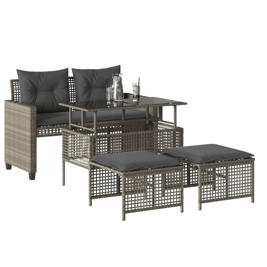 Salon de jardin avec coussins 4 pcs gris clair poly rotin verre - 3