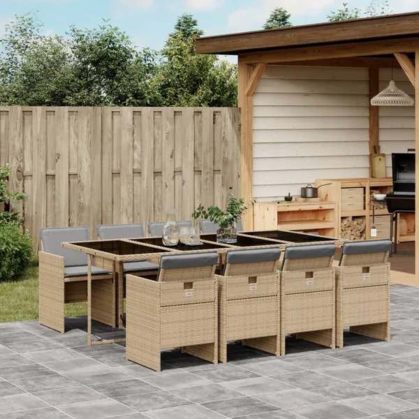 Ensemble à manger de jardin et coussins 9 pcs mélange beige