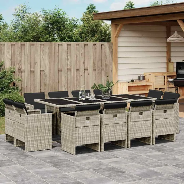Ensemble à manger de jardin et coussins 13 pcs gris clair rotin