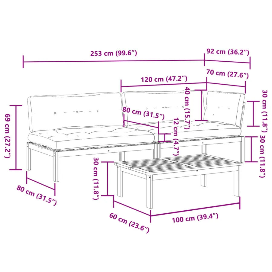 Salon palette de jardin avec coussins 3pcs bois d'acacia massif - 11
