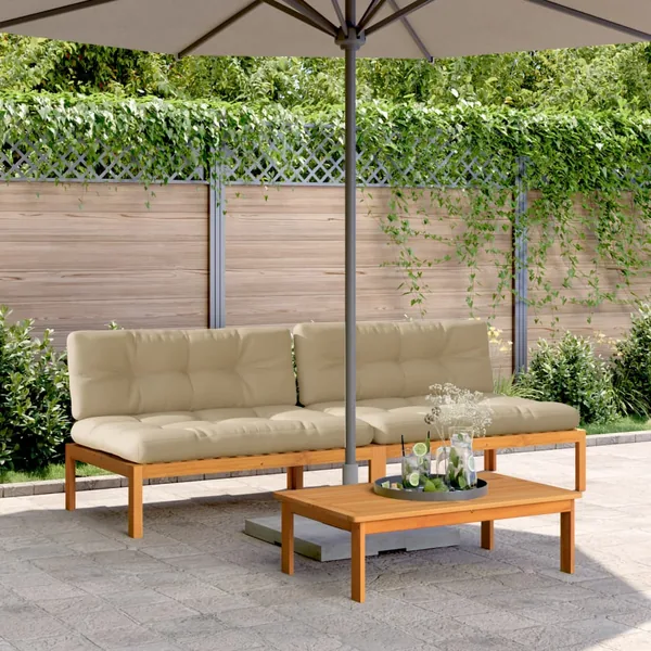 Canapés centraux palette de jardin et coussins 2pcs bois acacia