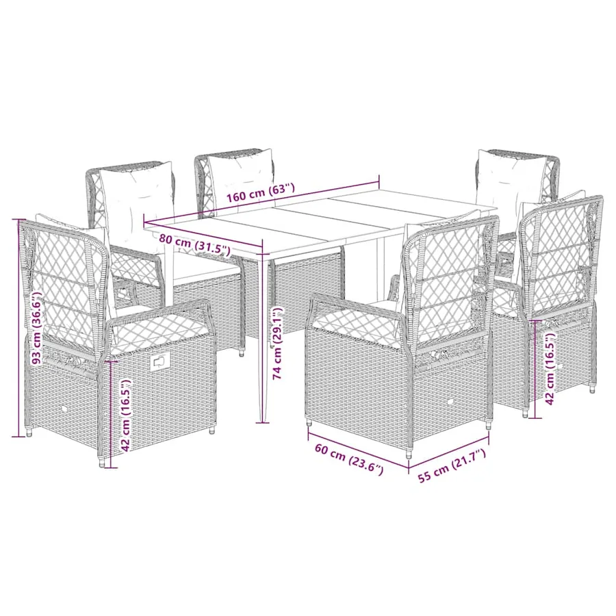Ensemble à manger de jardin coussins 7pcs Noir Résine tressée - 8