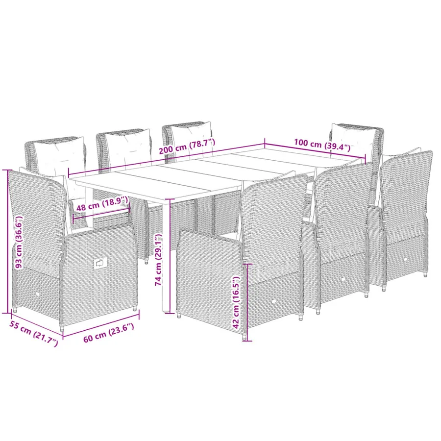 Ensemble à manger de jardin et coussins 9 pcs gris clair rotin - 8