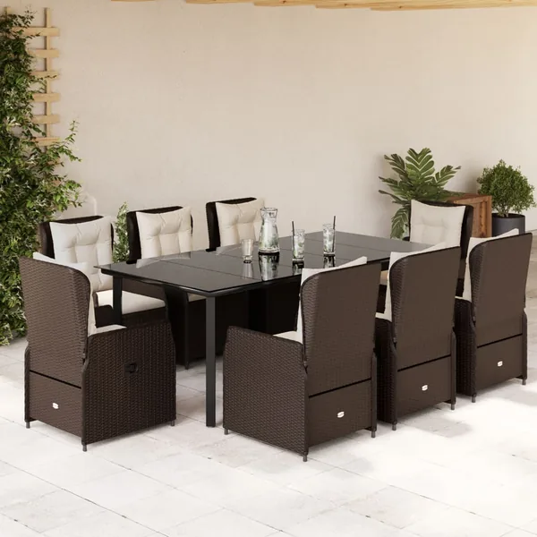 Ensemble à manger de jardin et coussins 9 pcs marron poly rotin