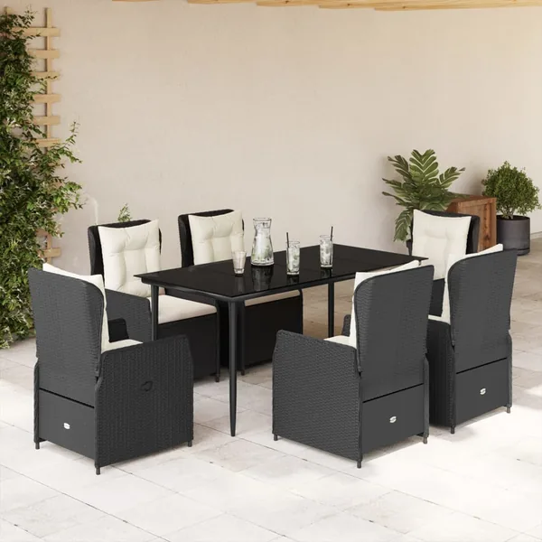 Ensemble à manger de jardin coussins 7pcs Noir Résine tressée