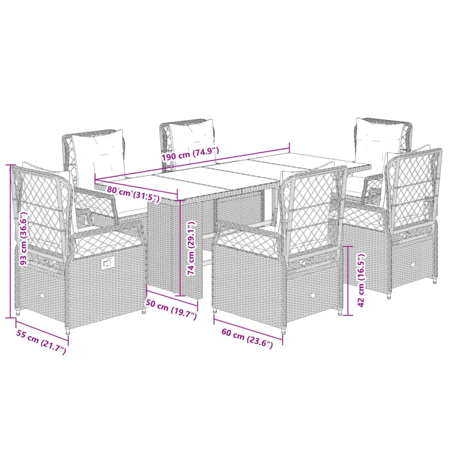 Ensemble à manger de jardin et coussins 7 pcs gris clair rotin - 8