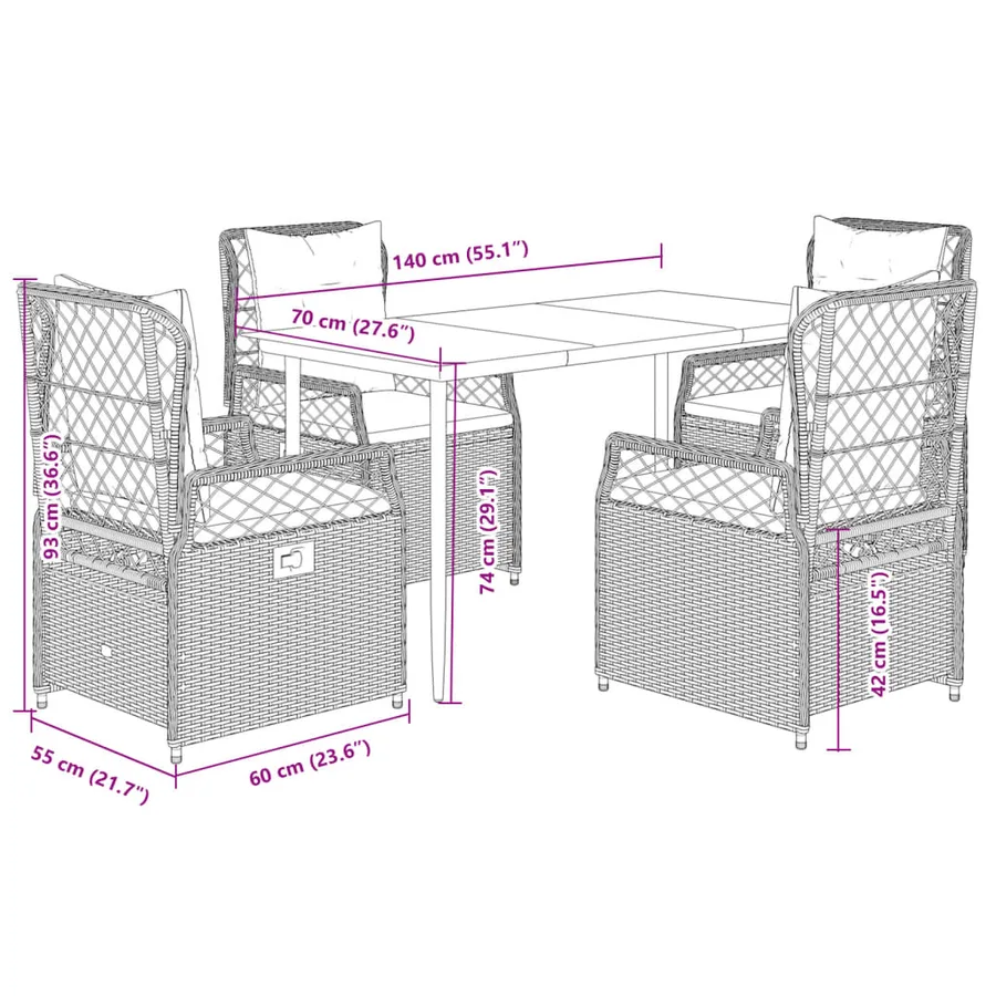 Ensemble à manger de jardin et coussins 5 pcs gris clair rotin - 8
