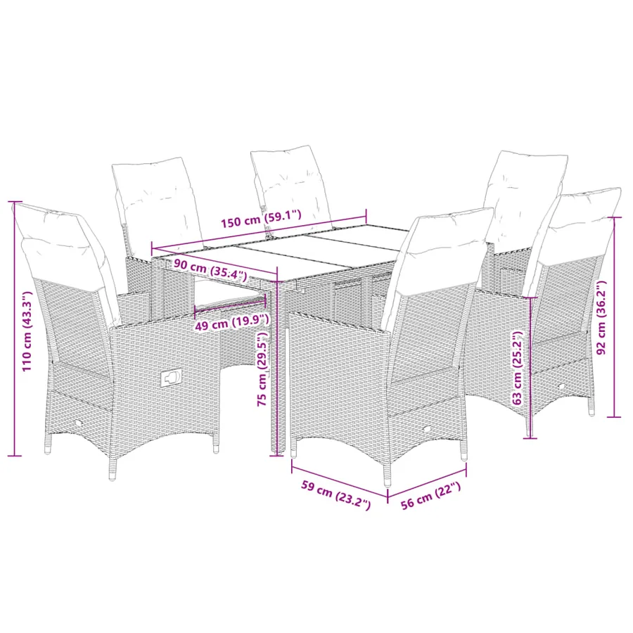 Ensemble à manger de jardin coussins 7pcs Noir Résine tressée - 7