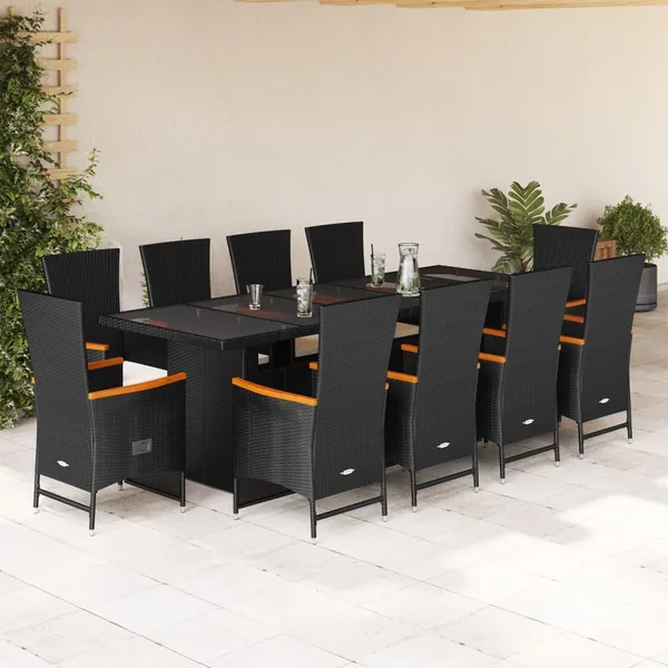 Ensemble à manger de jardin 11 pcs coussins noir résine tressée