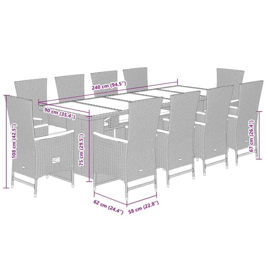 Ensemble à manger de jardin 11 pcs coussins noir résine tressée - 7