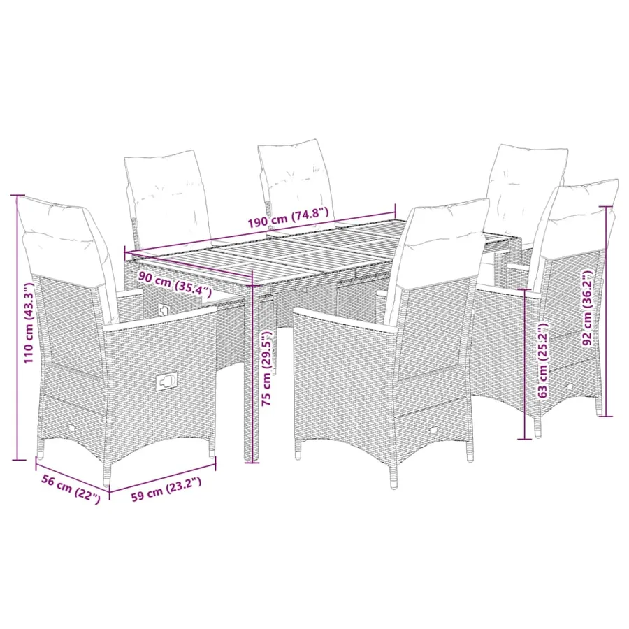Ensemble à manger de jardin coussins 7pcs Noir Résine tressée - 7