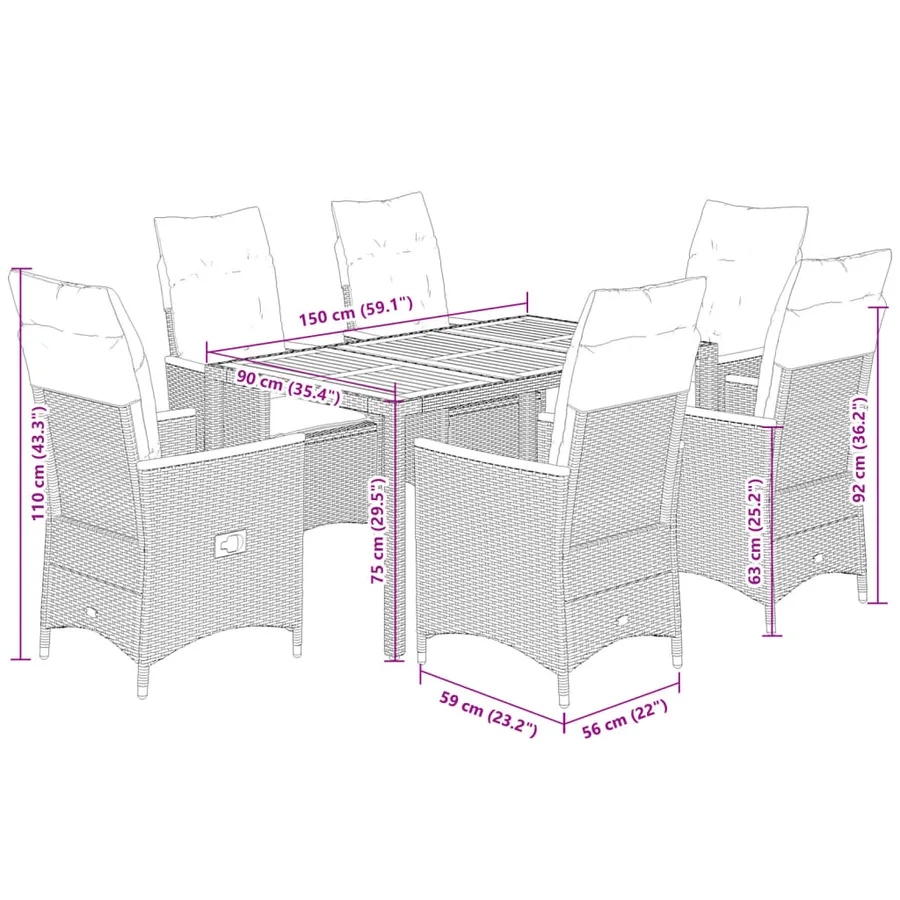Ensemble à manger de jardin coussins 7pcs Noir Résine tressée - 7