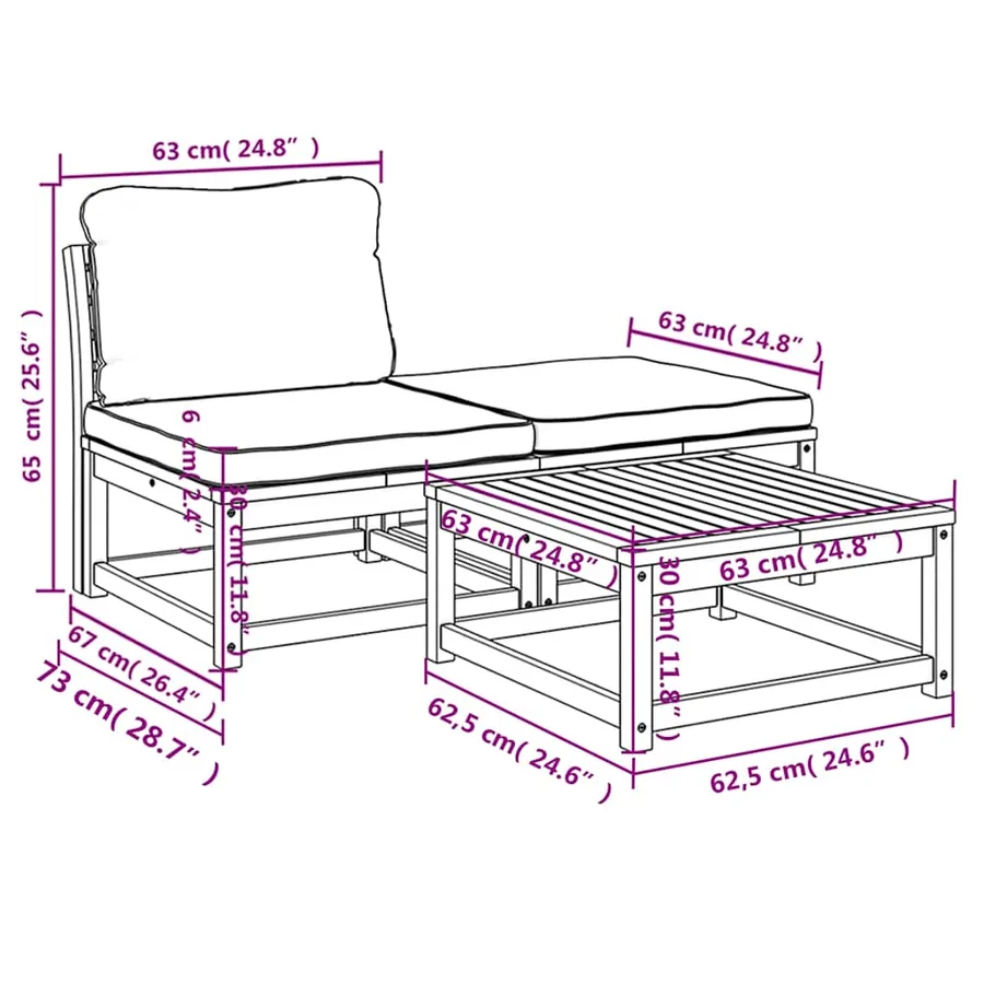 Salon de jardin 3 pcs avec coussins bois massif d'acacia - 8