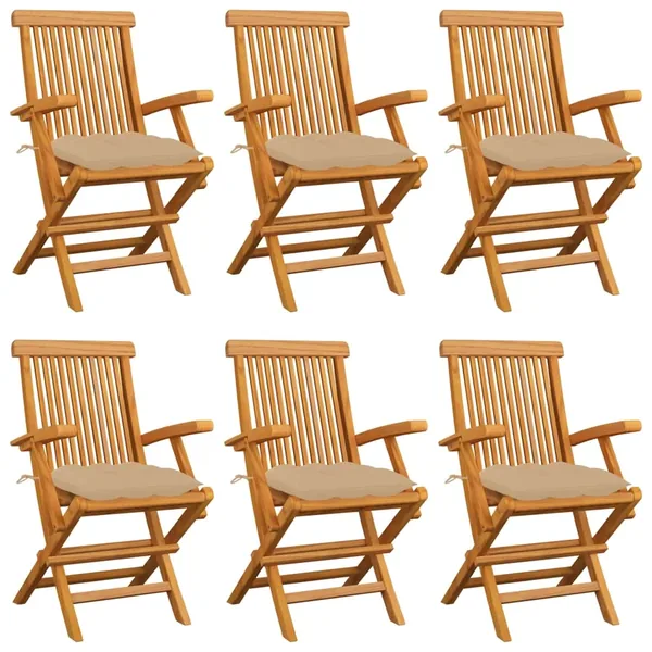Chaises de jardin avec coussins beige lot de 6 Bois teck massif