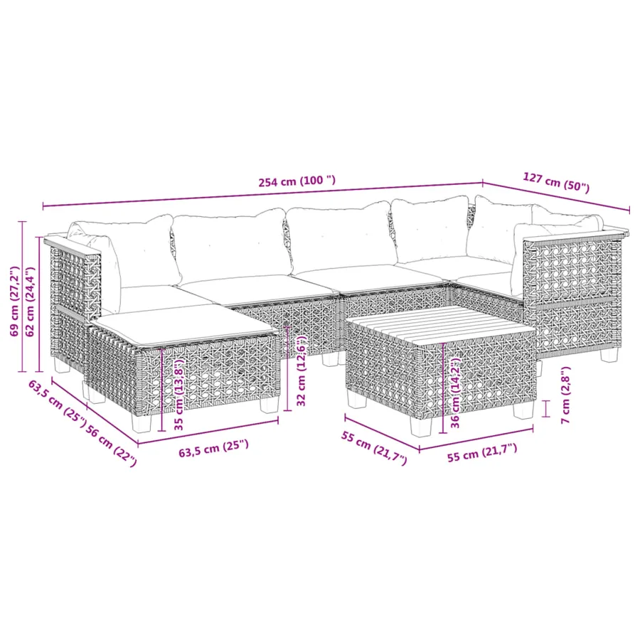 Salon de jardin 7 pcs avec coussins noir résine tressée 63,5 x 63,5 x 62 cm - 61,2 kg - 9