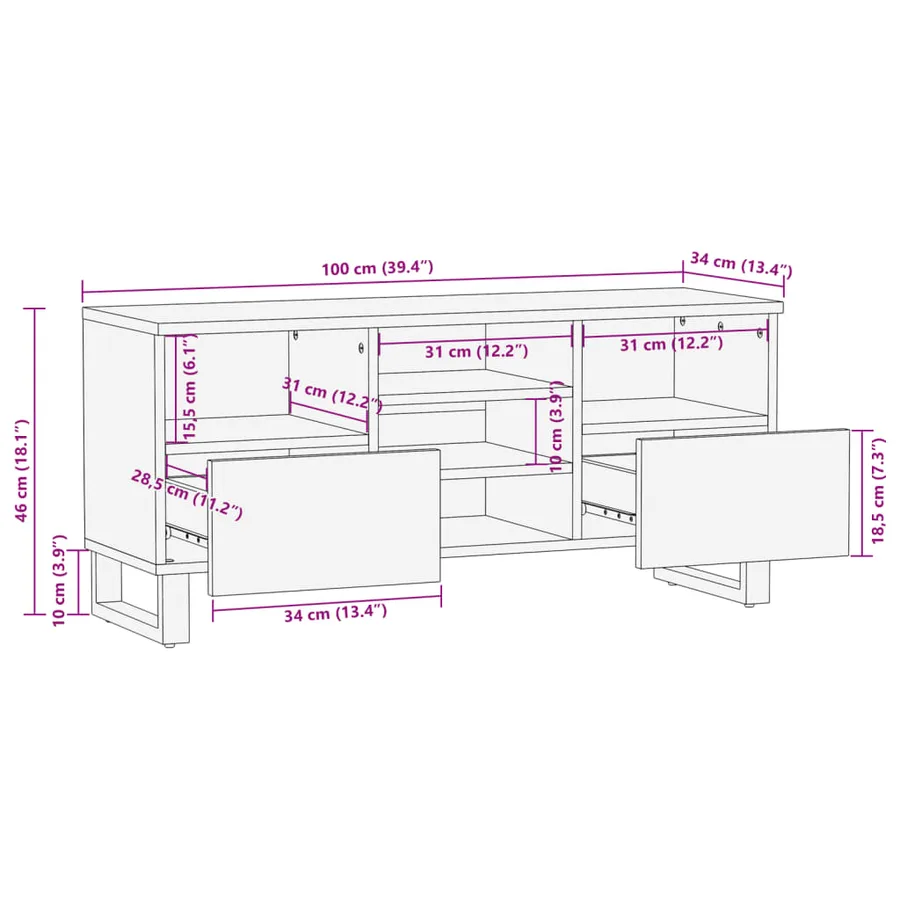 Meuble TV 100x34x46 cm bois massif de manguier - 11
