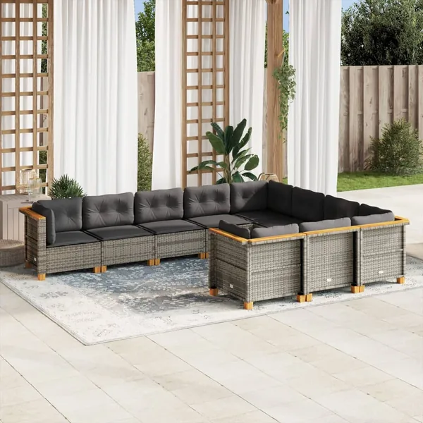 Salon de jardin avec coussins 10 pcs gris résine tressée