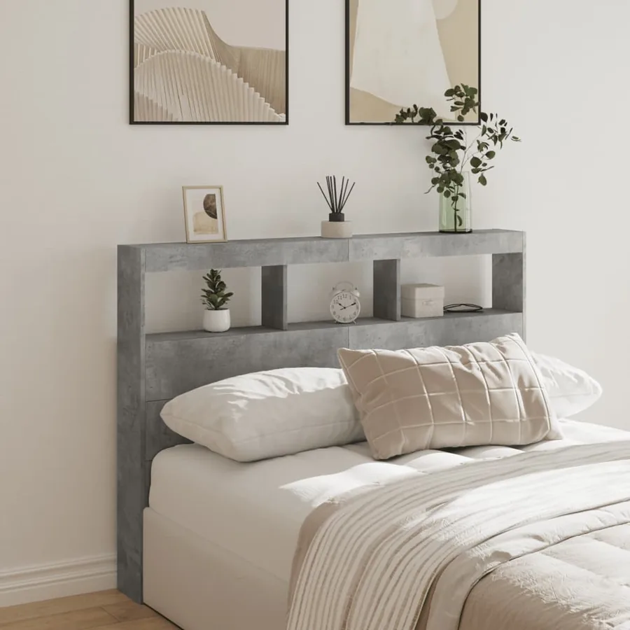 Armoire tête de lit avec LED gris béton 140x17x102 cm